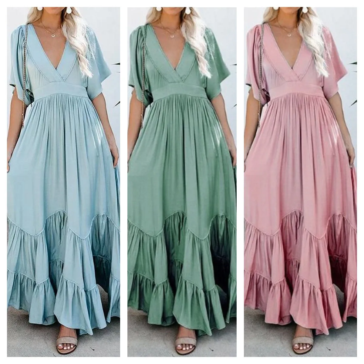 

Long Dress Women Summer 2021 New Bohemian Solid Color Waist Closing Fashion Maxi Dress