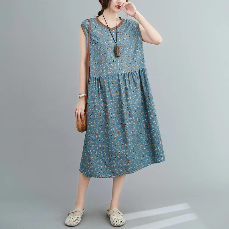 В винтажном стиле Сезон лето без рукавов свободного кроя с цветочным принтом