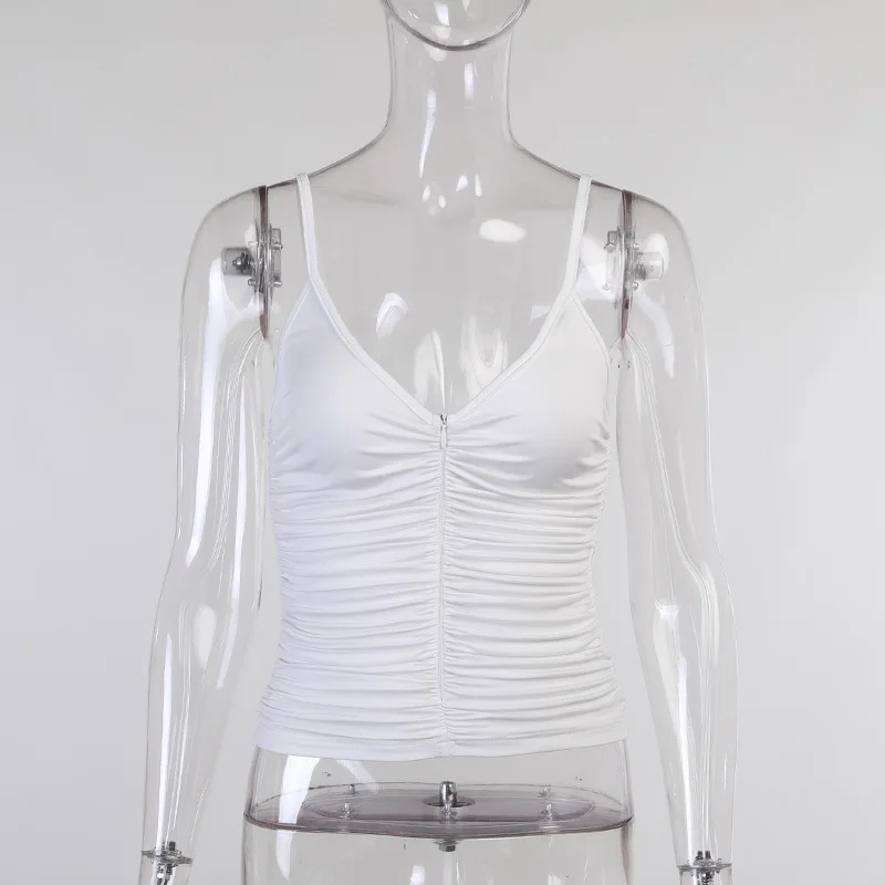 

2021 Sexy Slim Solid Vest U-neck Peated Zipper Suspender For Women Corset Vest Top For Women Women's Off Shoulder Knitting White