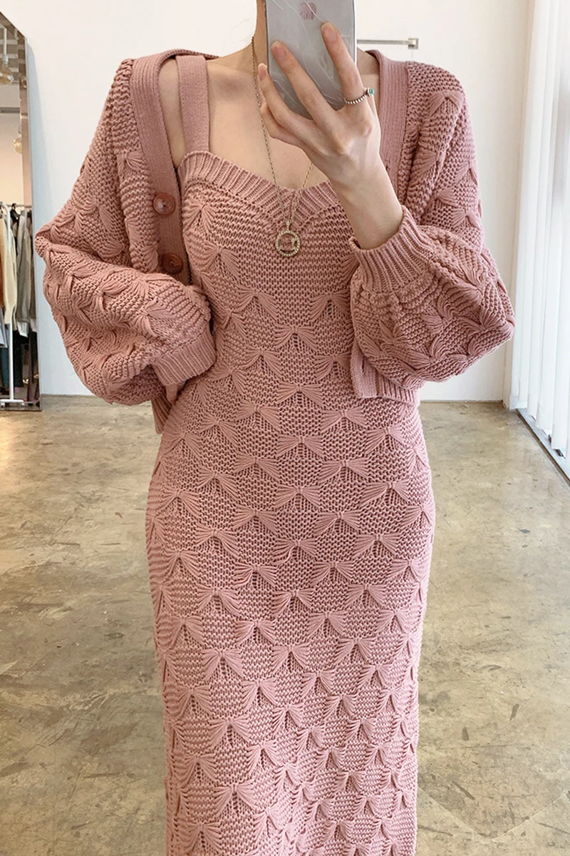

ZCSMLL Korean Chic French Single-breasted Lantern Sleeve Knitted Cardigan Jacket + Sweater Solid Color Dress
