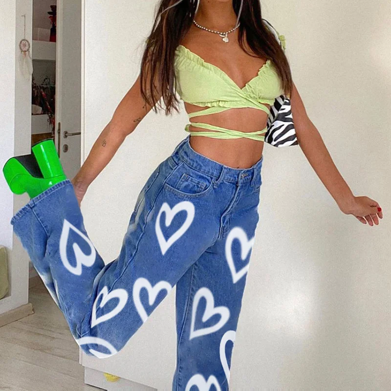 

2021 Casual Printed Heart Straight Slim Jeans Vintage High Waist Trousers Women Fashion Denim Pants Vaqueros Mujer Streetwear