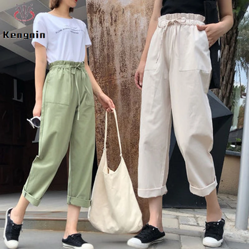 

2021 Spring Summer Women Cotton Harem Pants Casual Anklet-Length Ladies Drawstring Trousers Elastic Waist Female Capris KN138
