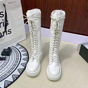 2021 New Comfortable Women Boots Mid Calf Boots Solid Color Lace Up Female Boots Platform Thick Heels Zipper Ladies Fashion Shoe
