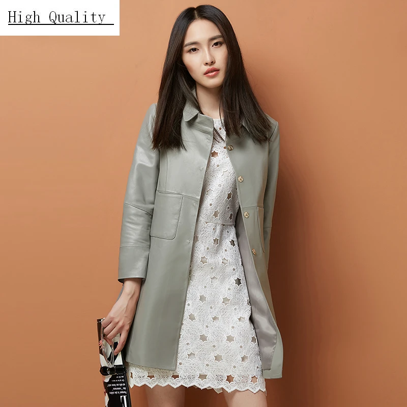 Женский Длинный Тренч из натуральной кожи Весенняя приталенная куртка овчины