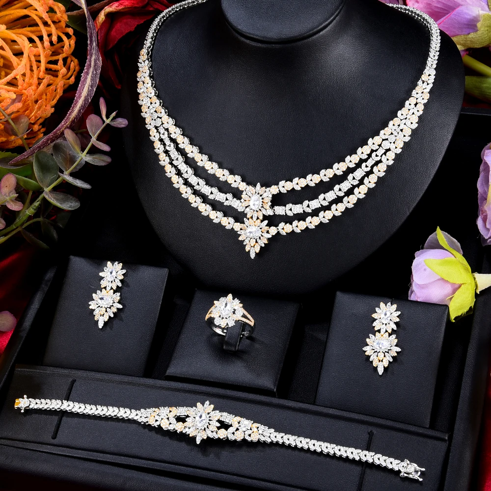 Благородный Модный Роскошный циркониевый ожерелье, браслет, серьги, кольцо, 4 шт., высококачественное женское ювелирное изделие для свадьбы,...