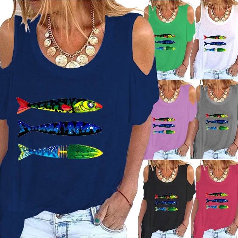 

Women's Casual Fish Printed Funny Tops Round Neck Short Sleeved Plus Size T-Shirt Loose Off Shoulder Graphic Blouse