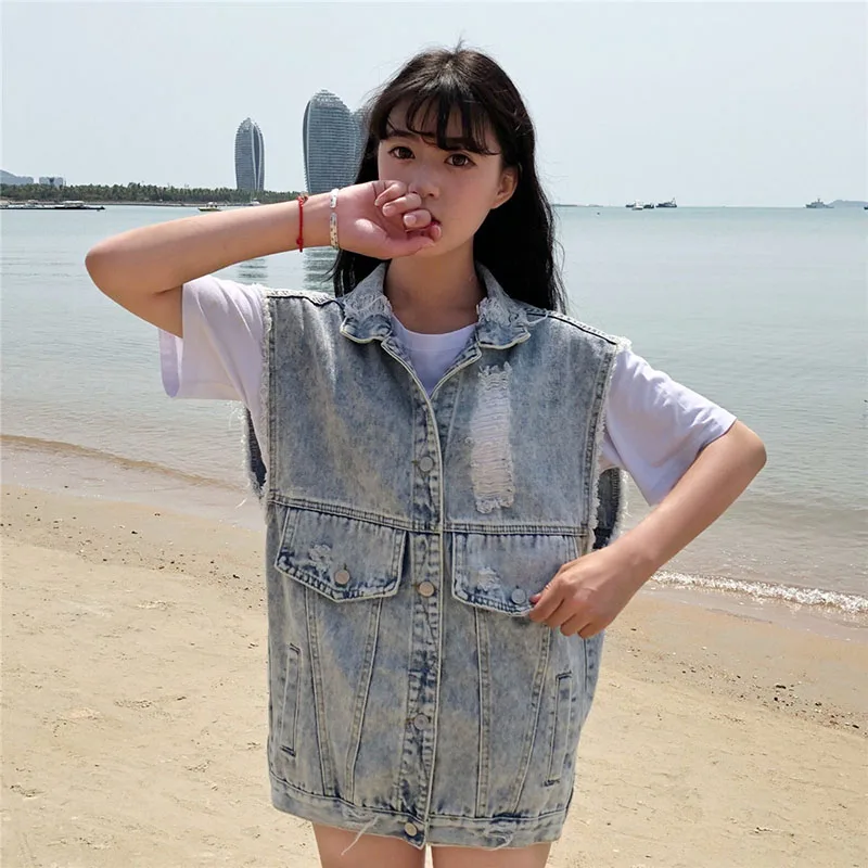 

NEW Women Denim Vest Coat Free Size Open Stitch Hole Vintage Sleeveless Vest Jacket Women Vests Denim Cotton Waist Coat Clothing