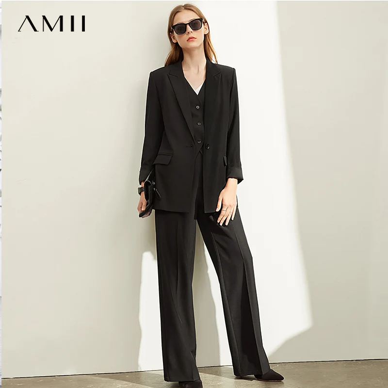 

Костюм Amii Профессиональный из двух предметов, Женский облегающий костюм с высокой талией и широкими штанинами, свободный однотонный костюм...