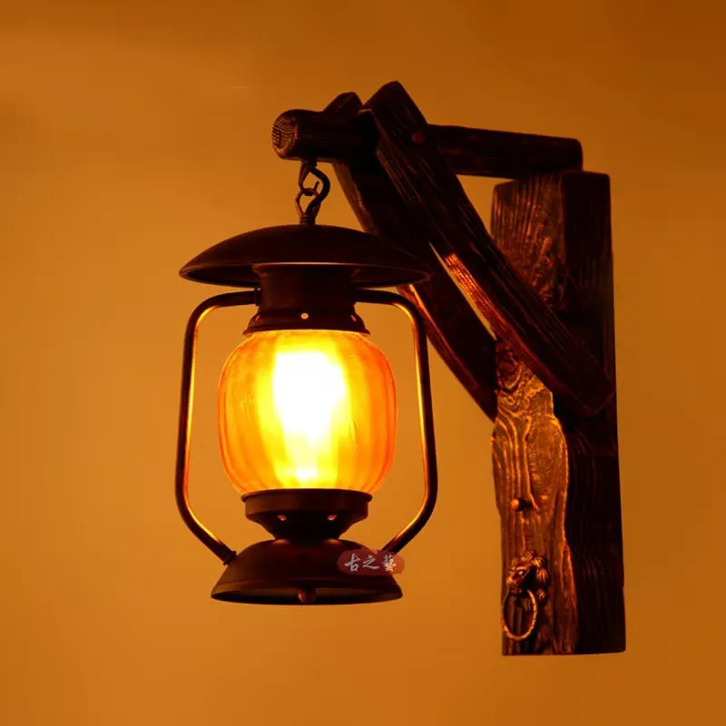 Wall Lamp Coffee shop Cantee LOFT Industrial Retro Wall Lamp E27 wood LED Corridor Balcony Light for Indoor Fixtures wooden base