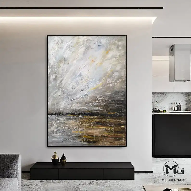 

Большая Минималистичная Абстрактная живопись, оригинальное художественное полотно, бежевая живопись, объемное настенное искусство, текст...