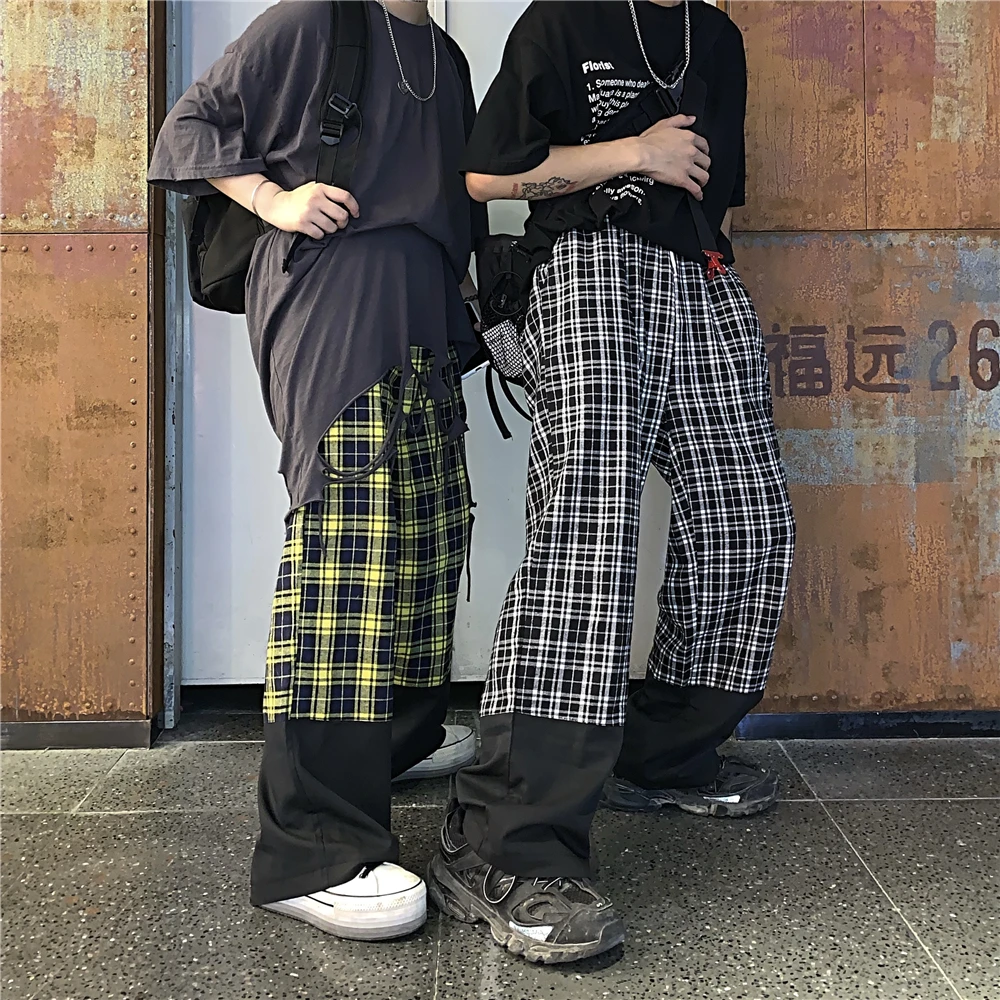 Harajuku брюки унисекс с клетчатым узором свободные длинные женские мужские штаны верхняя одежда Лоскутные Брюки уличная хипстерская осенняя одежда для пар