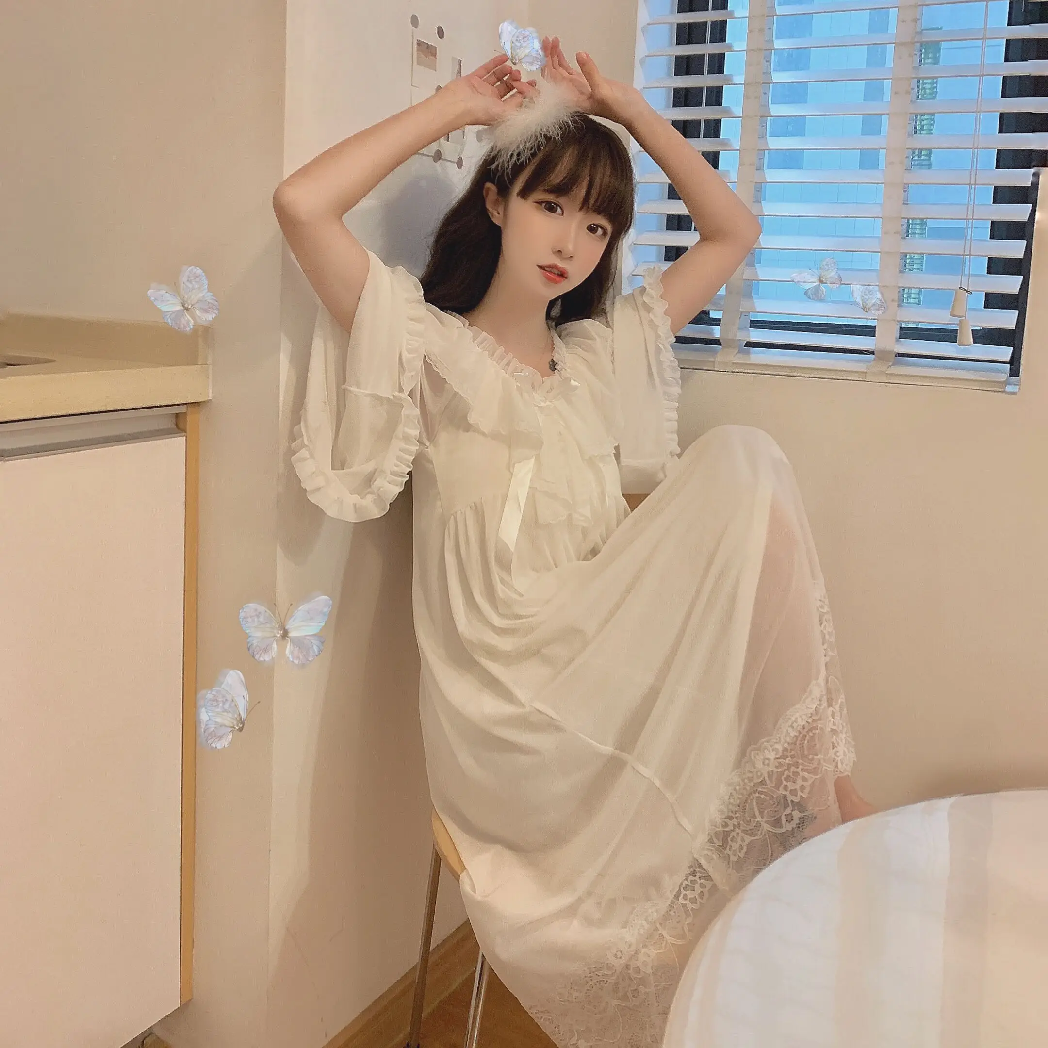 

Women Spring Summer Sweet V-Neck Nightdress Lace Ruffle Loose Super fairy Cute Bowknot Solid Color Princess Sleepwear Homewear