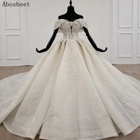 luxury vintage ball gown wedding dress 2021 off shoulder style cathedral 200cm train shining beads wedding gown lace up back
