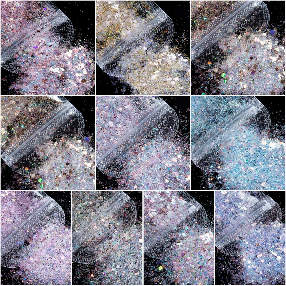 Голографическая нестандартная блестящая пудра смешанной формы лазерная для