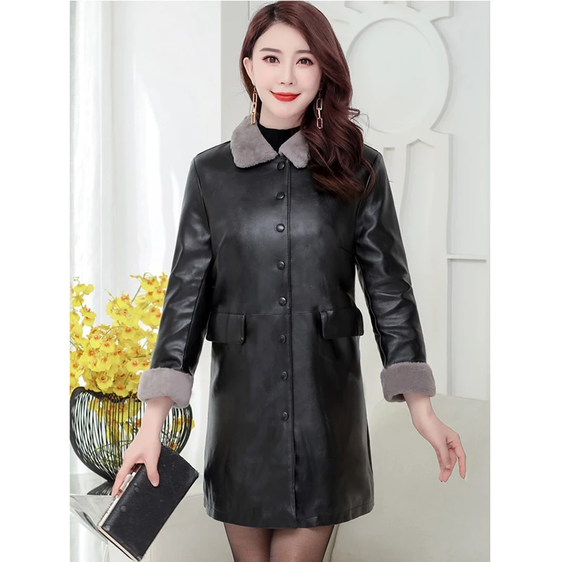 Новинка 2020 женская зимняя одежда из искусственной кожи средней длины Женское