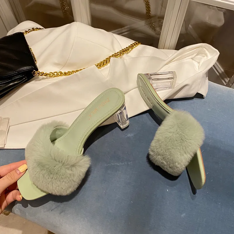 

Winter Women Furry Slides Celebrity Clear Heels Fur Slipper Warm Plush Shoes Woman Fleeces Pantufa Transparent High Heels
