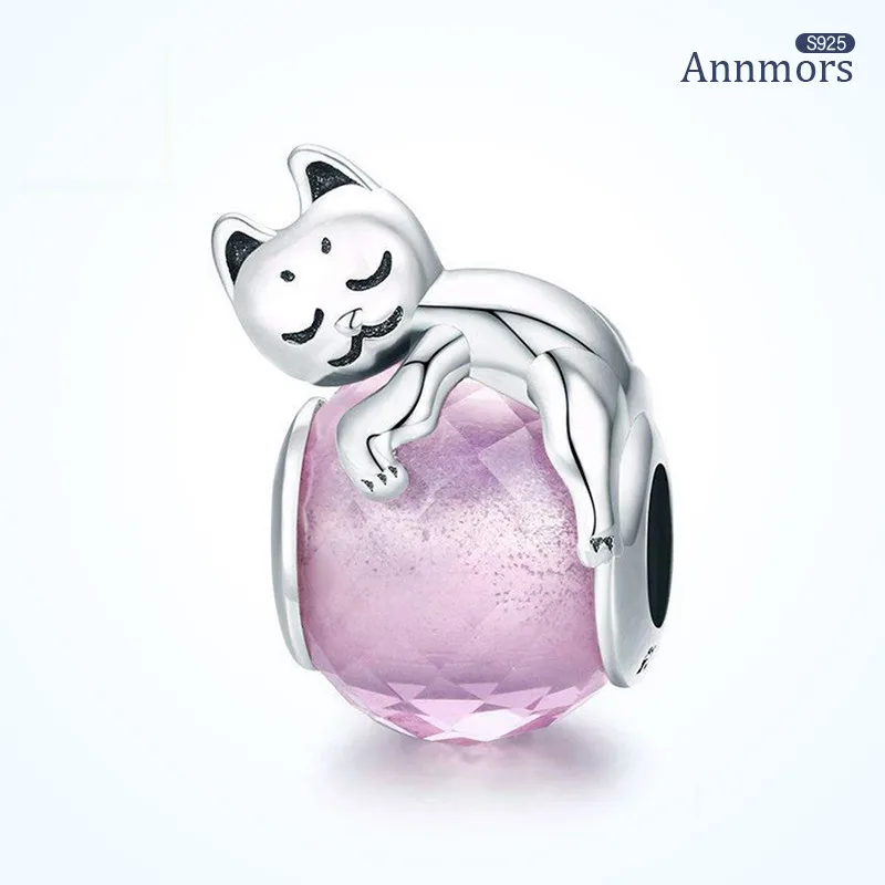 

Lying on Pink Pendant Charms Animal Silver Plated Transparent Cat Beads Fits Pandora Bracelet Original Charms Bead Jewelry