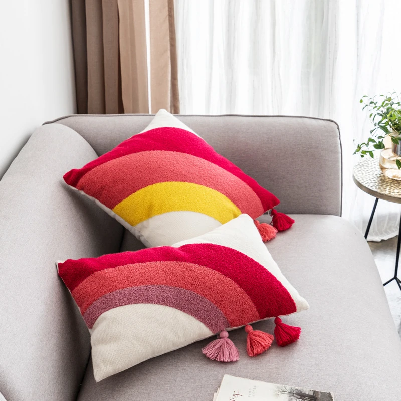 

45x45cm/30x50cm Nordic Cotton Towel Embroidered Rainbow Tassel Throw Pillowcase Sofa Cushion Cover