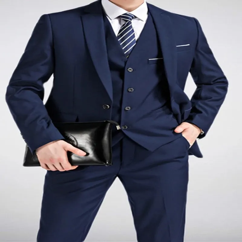 

Новейшая индивидуальная одежда для мужчин, темно-синяя приталенная одежда на одной пуговице для жениха, свадебная Деловая одежда, 3 предмет...