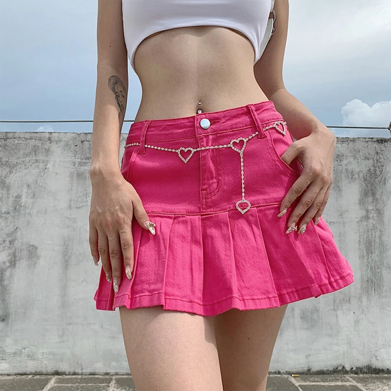 

Women Harajuku Punk Denim Mini Pleated Skirt Ladies Summer High Waist Jeans Shorts Skirts Women Ruffles Fashion Streetwear