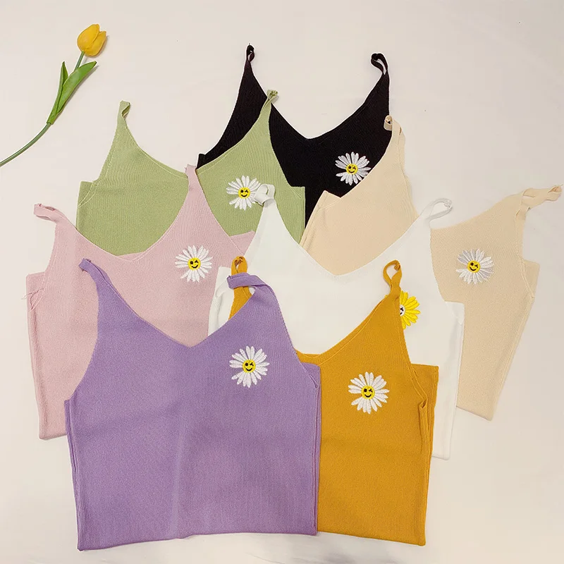 Летний Эластичный трикотажный топ на бретелях для женщин новые милые базовые