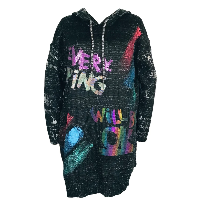 2019 Осень Новый черный золотой принт свитер большого размера женский длинный