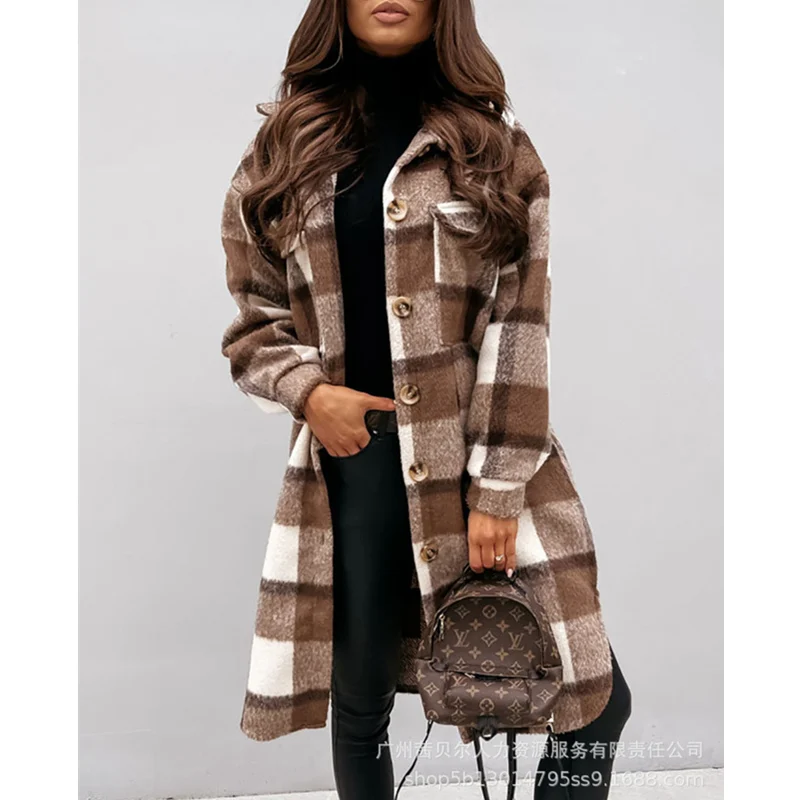 

WEPBEL Women Fashion Turn Down Collar Plaid Long Jacket Coats Casual Grid Winter Warm Woolen Blends Overcoat Streetwear