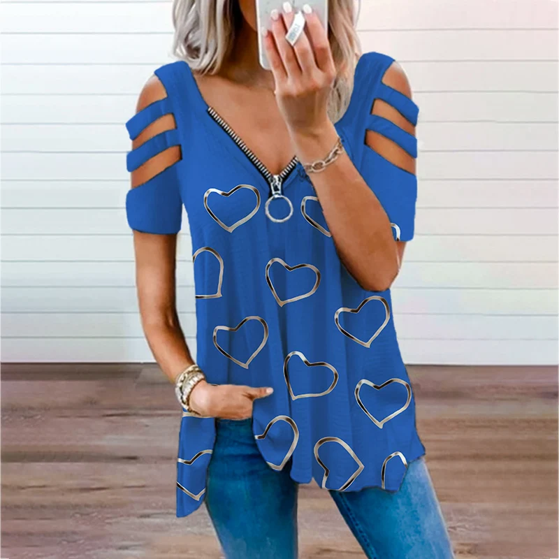 

Love Print Women's Fashion Summer Clothes Casual Off Shoulder Tops Deep V-neck Zipper Blouses Ladies Solid Color T Shirt