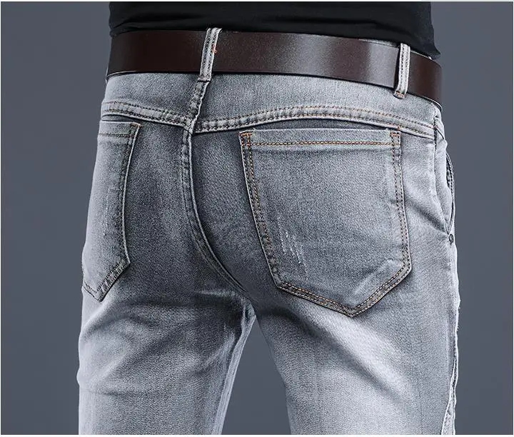 casual magro elástico cinza jeans masculino, calças