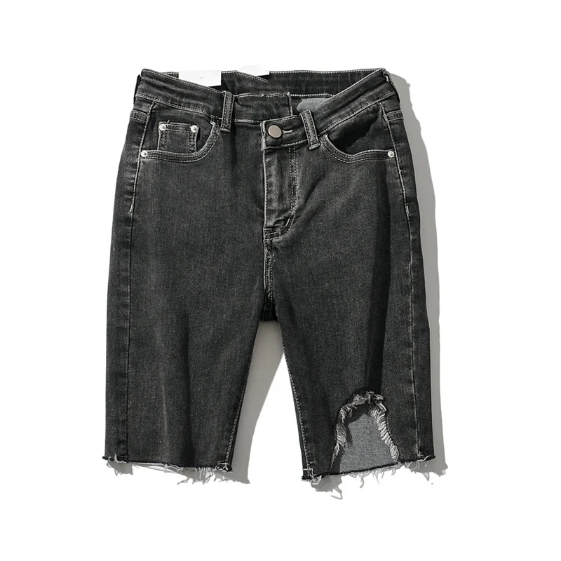 Женские рваные джинсовые шорты однотонные Асимметричные эластичные с высокой