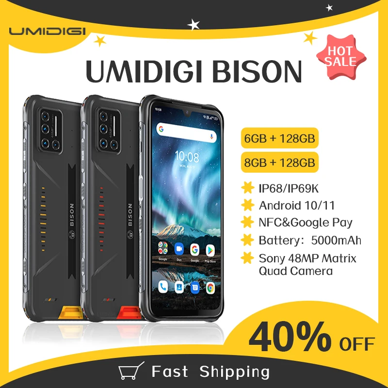 UMIDIGI BISON 6 ГБ/8 ГБ + 128 Гб NFC IP68/IP69K водонепроницаемый прочный телефон 48MP Quad Camera 3 дюйма