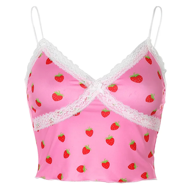 

New Fashion y2K Crop Top Sexy Party V-neck Lace Splicing Strawberry Print Halter Top Women's Summer 2021