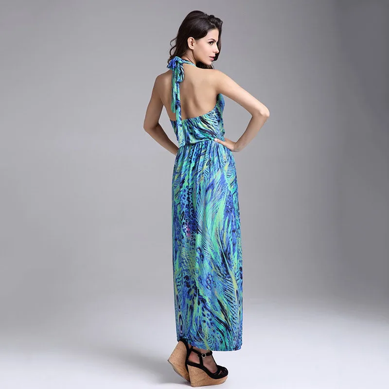 

2019 Female Women Print Dress Hanging Neck Waist Loose Dress Colorful Peacock Flower Milk Silk Print Dress Women's Clothing