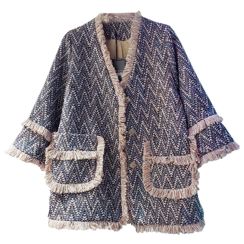 

Women Tassel Tweed Jacket New Autumn Winter Fashion V-Neck Loose Fit Outerwear Ladies Elegant Office Tweed Coat Streetwear