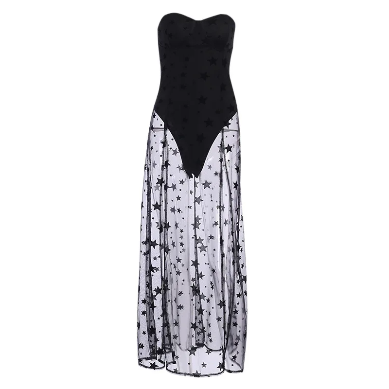 

Summer Holiday Patchwork Wind Mesh Splicing Women Dress Strapless Bra Fake Two Pieces