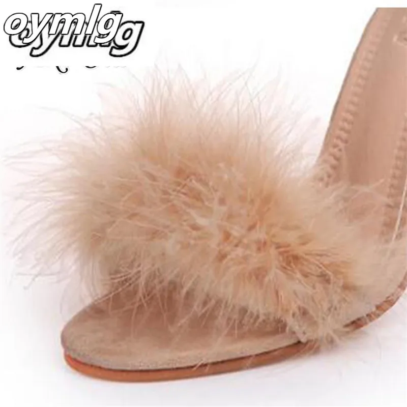

Ankle Strap High Heels Faux Fluffy Rabbit Fur Women Sandals 2020 Thick High Heel Party Wedding Summer Lady Shoes s118
