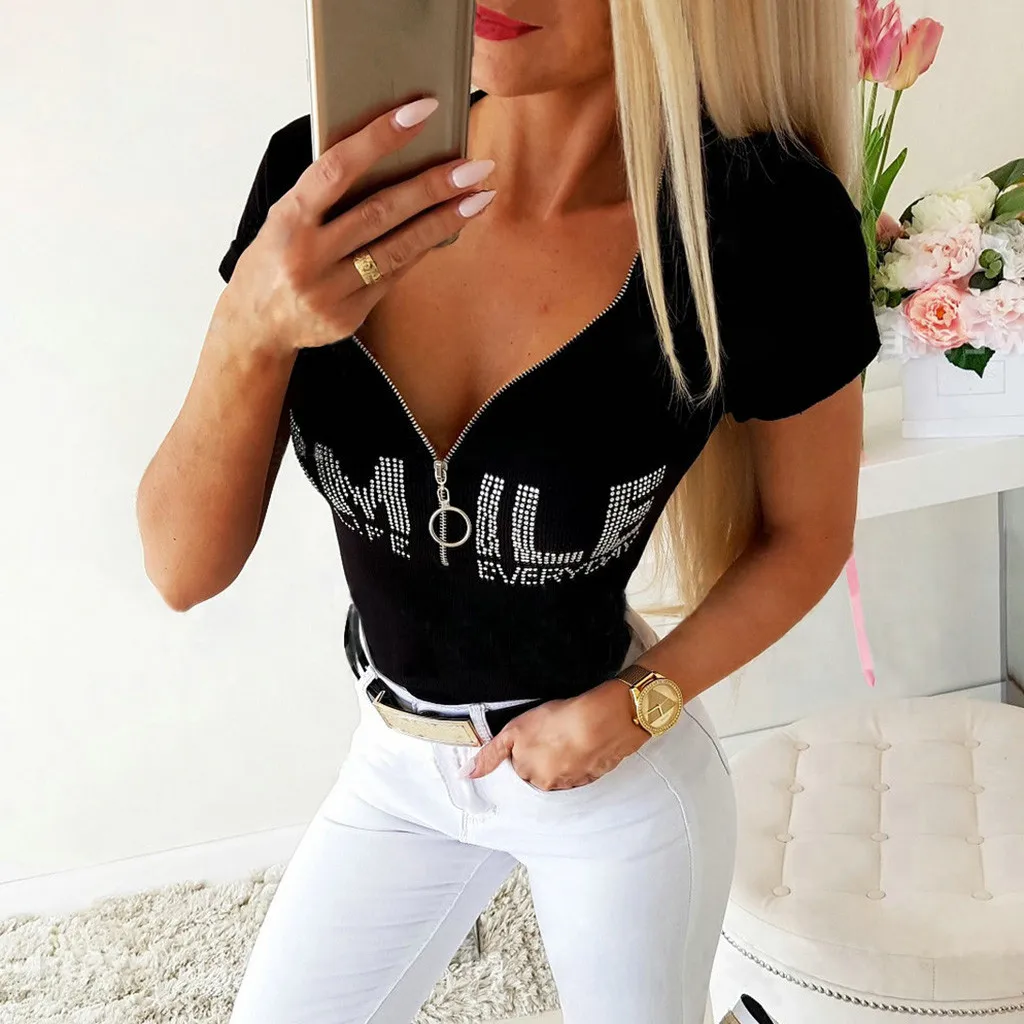 Женская футболка на молнии с глубоким V-образным вырезом 2020 Сексуальная коротким