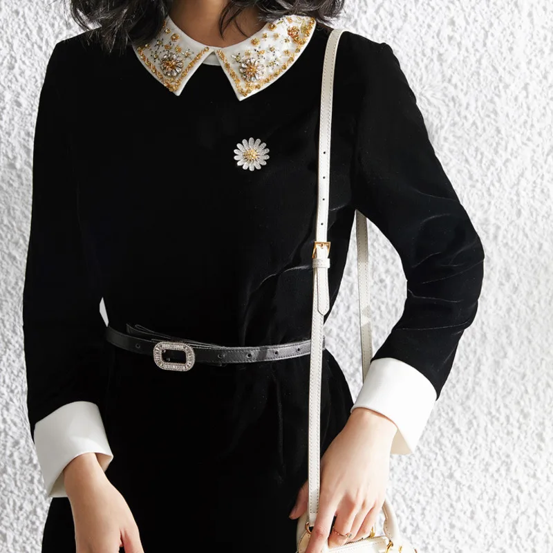 Новый Вырез Стразы вельветовое платье для женщин s Тонкий Длинные рукава