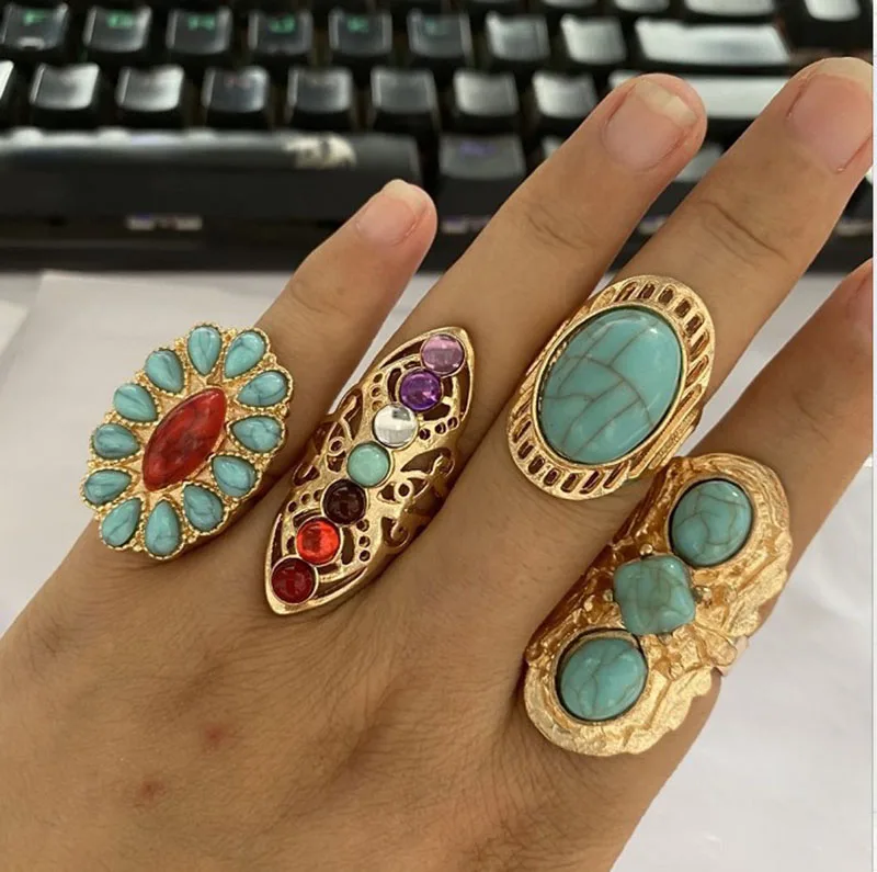 

Vintage Antique Silver/Gold Color Rings Sets Colorful Opal Crystal Stone Carve for Women Men Bohemian Jewelry Anillos