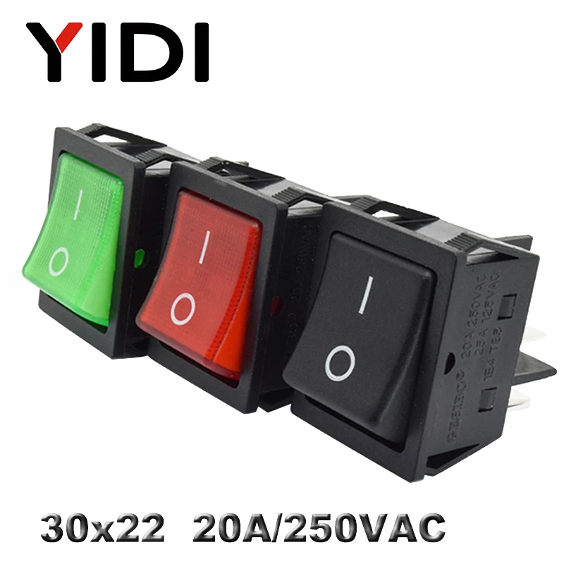 KCD4-201 30x22 30A 250VAC сверхмощный KCD4 кулисный переключатель 20A 250VAC DPST вкл. Выкл. Фиксация 12V 220V красный зеленый синий светодиодный с подсветкой