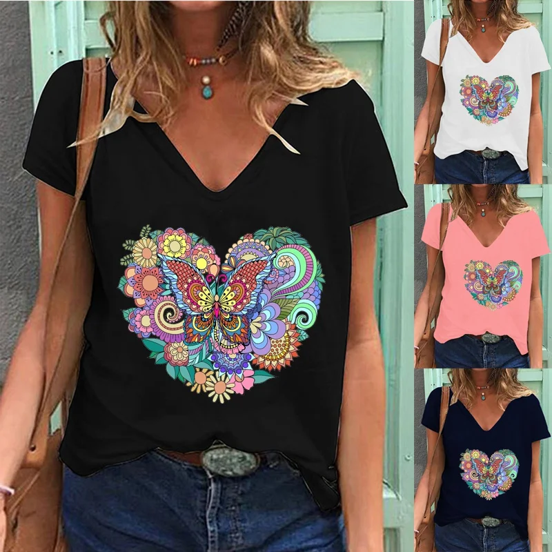 

New Women's Summer Fashion Heart Printed T-shirt Casual Short Sleeve Deep V-neck Solid Color Tee Ladies Pullover Blouse Tops