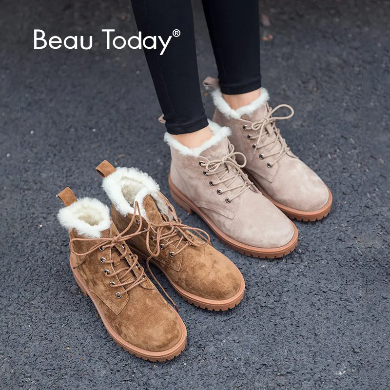 BeauToday/шерстяные зимние сапоги; женская обувь из натуральной кожи с круглым носком на шнуровке; зимние женские ботильоны на платформе; ручная работа; 03281