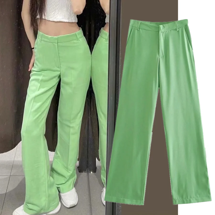 

Dave&Di Ins Fashion Blogger Suits England Style Solid Green Casual Pants Women Pantalones Mujer Pantalon Femme Trousers Women
