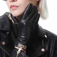 women fashion winter warm combined color touch screen top leather gloves black