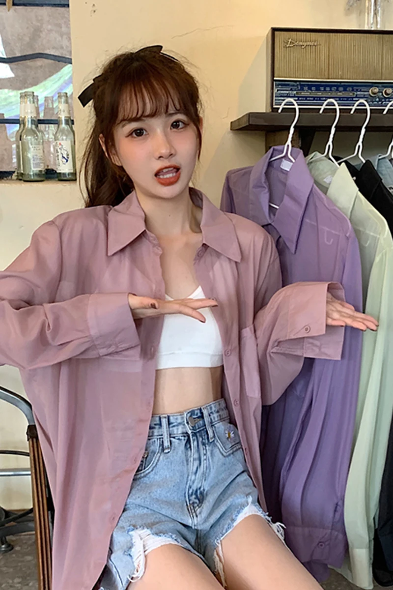

Summer 2020 New Candy-Colored Sunscreen Solid Shirt Trun-down Collar Casual Streetwear Mid-length Pockets Shirt Tops