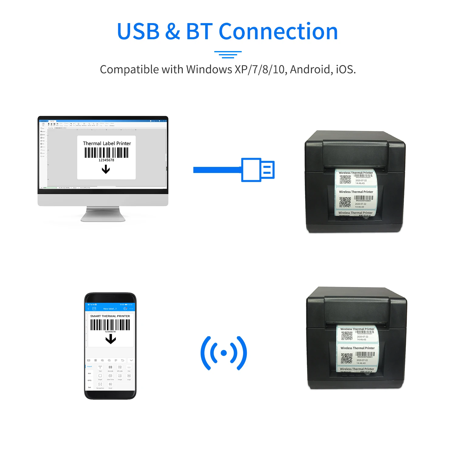 GOOJPRT Настольный 80 мм Термопринтер для этикеток проводной принтер штрих-кодов USB BT