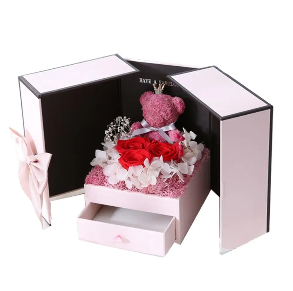 Double-door Necklace Pendant Box Flower Jewelry Display Gift with Artificial Rose Bear Decor for Valentine's Day Present 30E | Дом и сад