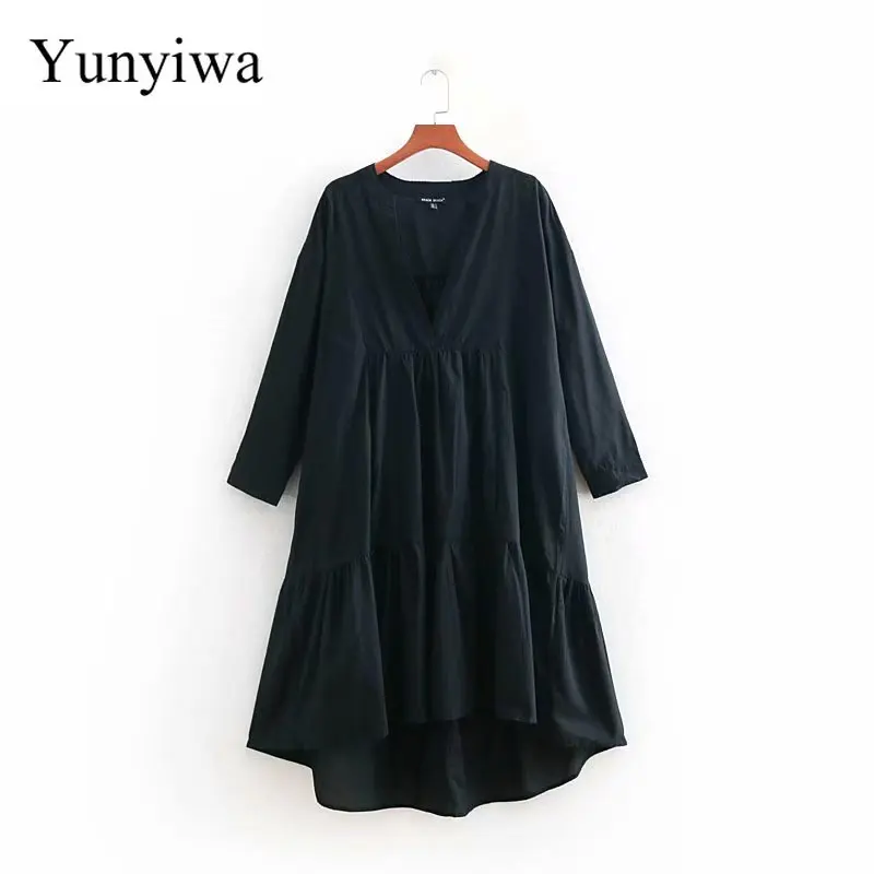

New Summer Women V Neck Solid Color Pleats Black Dress Femme Pockets Shirtdress Vestidos Casual Loose Chic Party Dresses