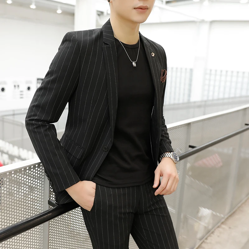 

OIMG Men's two-piece suit Korean style slim suit youth business casual small suit striped blue