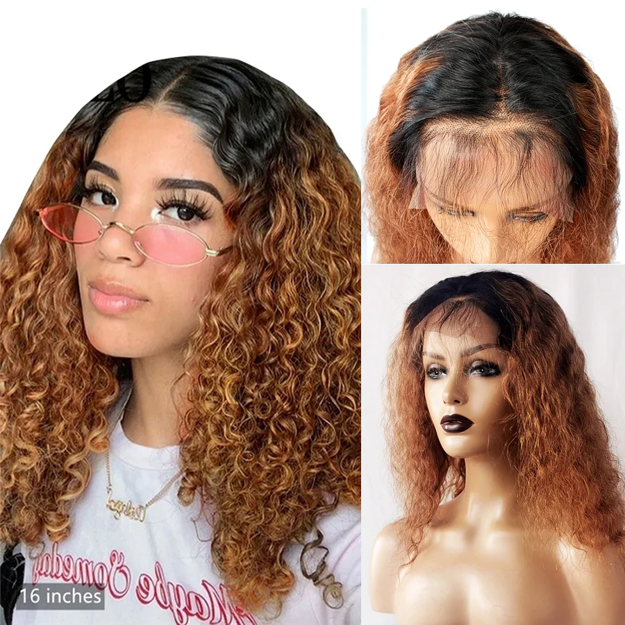 1B 30 Curly Short Bob Lace Frontal Wigs 13X1 Baby Pre Plucked Hairline Remy Brazilian Ombre Brown Human Hair Wig For Black Women enlarge